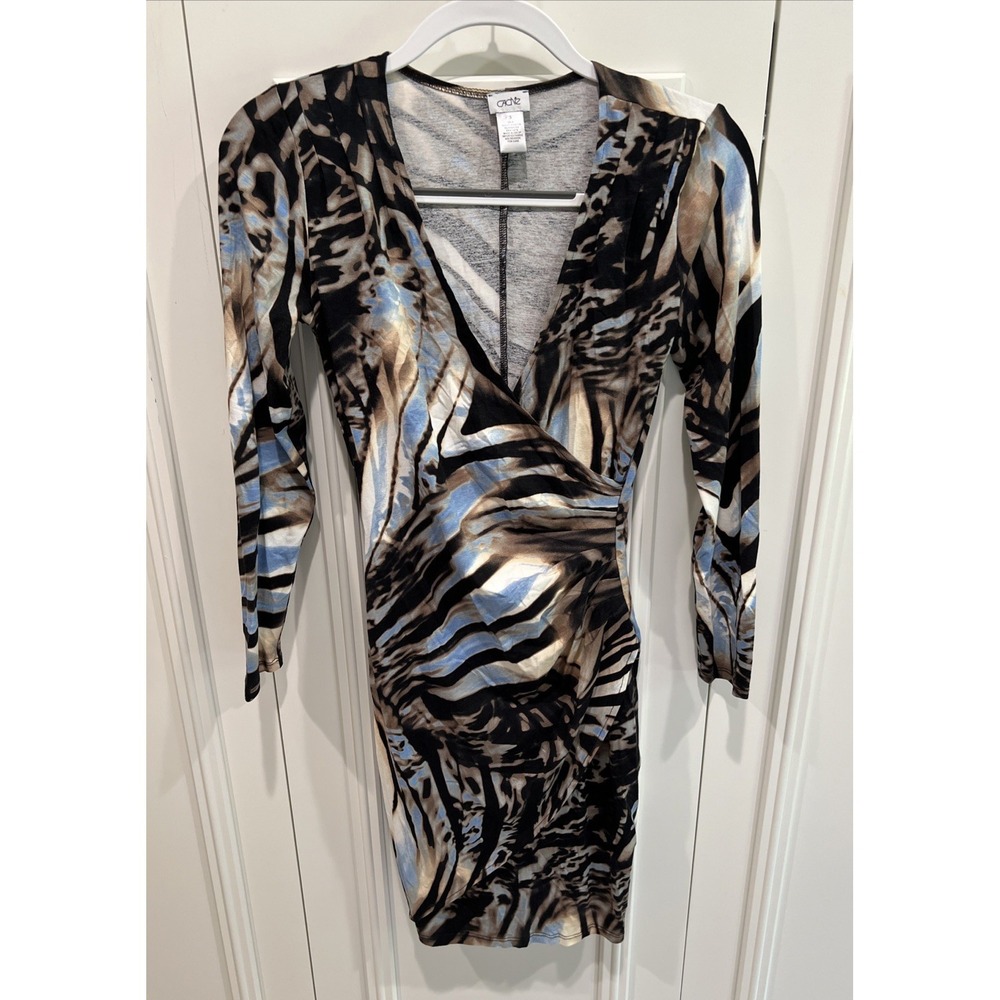 Vintage Cache Faux Wrap Dress Size Small Animal Zebra Print Long Sleeve Stretch